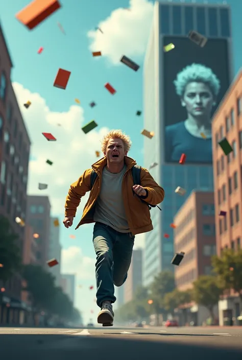 A blond guy is running alone down the street looking back with a scared face and notebooks and textbooks are flying in the sky. On the right is a large skyscraper with a huge display showing the face of a woman with a white short curly haircut