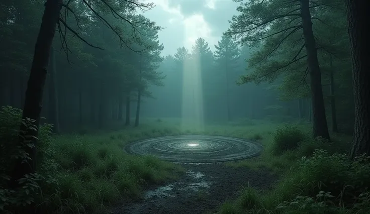 The clearing in the forest ,  now in a state of abandonment .  The grass and branches have grown around the marks ,  but the cuts in the trunks and a dark circular trail on the ground are still visible,  like a scar from the incident .  The sky is covered ...