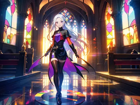 The background is a sunset sunset 、 medieval cityscape with basket、 stained glass background、The cathedral shines brightly、red and green contrast 、Path of Light、 Edelgard in black armor, wearing black tights ,((  Holographic  )), （I can see the fangs、Doubl...