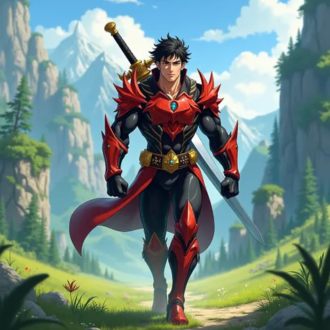 Make an anime man , Impact Genshin adventurer ,  with elemental vision of fire ,  with red and black armor with gold details , Muscular,  black hair, bright black eyes,  carrying a large swordsman on the back ,  background walking on grass with mountains a...