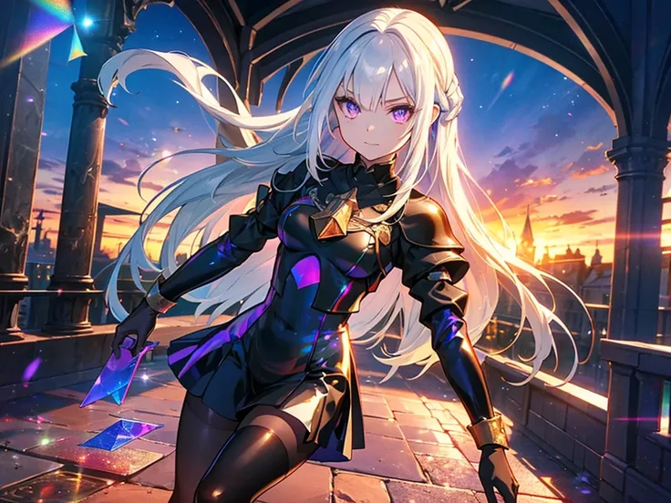 The background is a sunset sunset 、 medieval cityscape with basket、 Stained Glass Background 、Legendary Scenery 、 Mythical Scenery Unfolds、The cathedral shines brightly、red and green contrast 、Path of Light、 Edelgard in black armor, wearing black tights ,(...