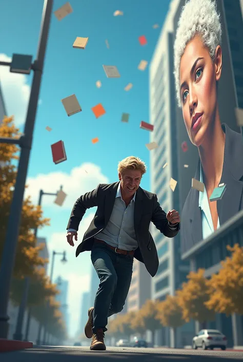 A blond guy is running alone down the street looking back with a scared face and notebooks and textbooks are flying in the sky. On the right is a large skyscraper with a huge display showing the face of a woman with a white short curly haircut