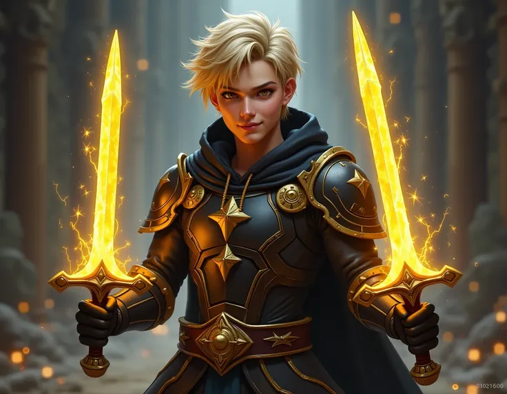  a young man at the age of 20 , blonde, Magical killer ,  wearing black and yellow killer armor , A hoodie of the same color , Handling two daggers  (one in each hand),  daggers that have yellow sparks coming out of them.  The boy has a smile on his face ....