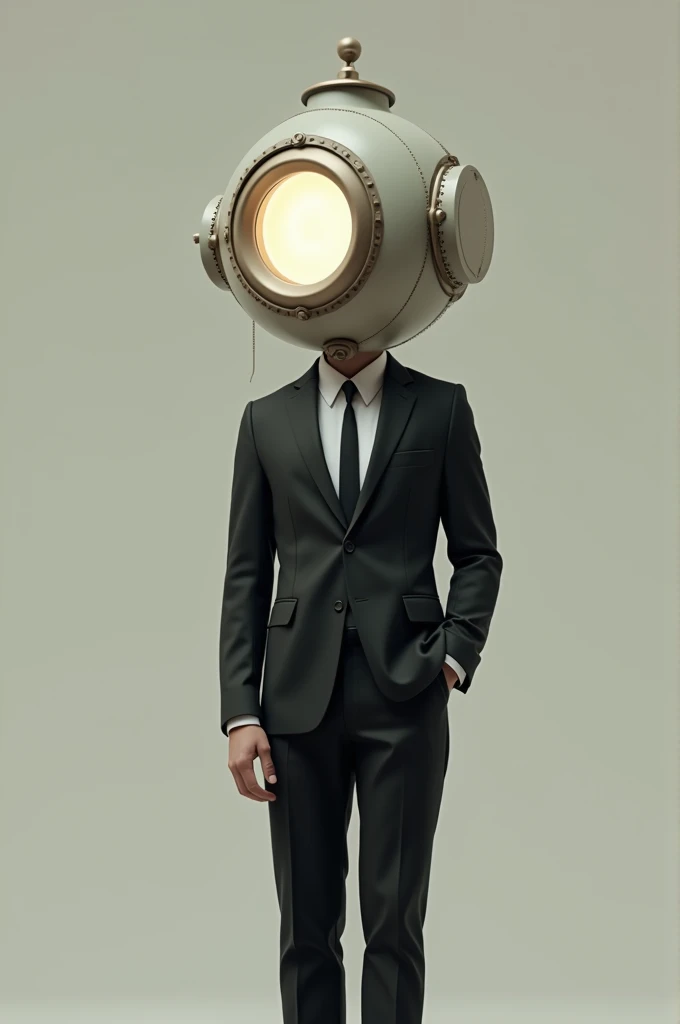 A man in a black suit, That his head is a drawing-style light pole