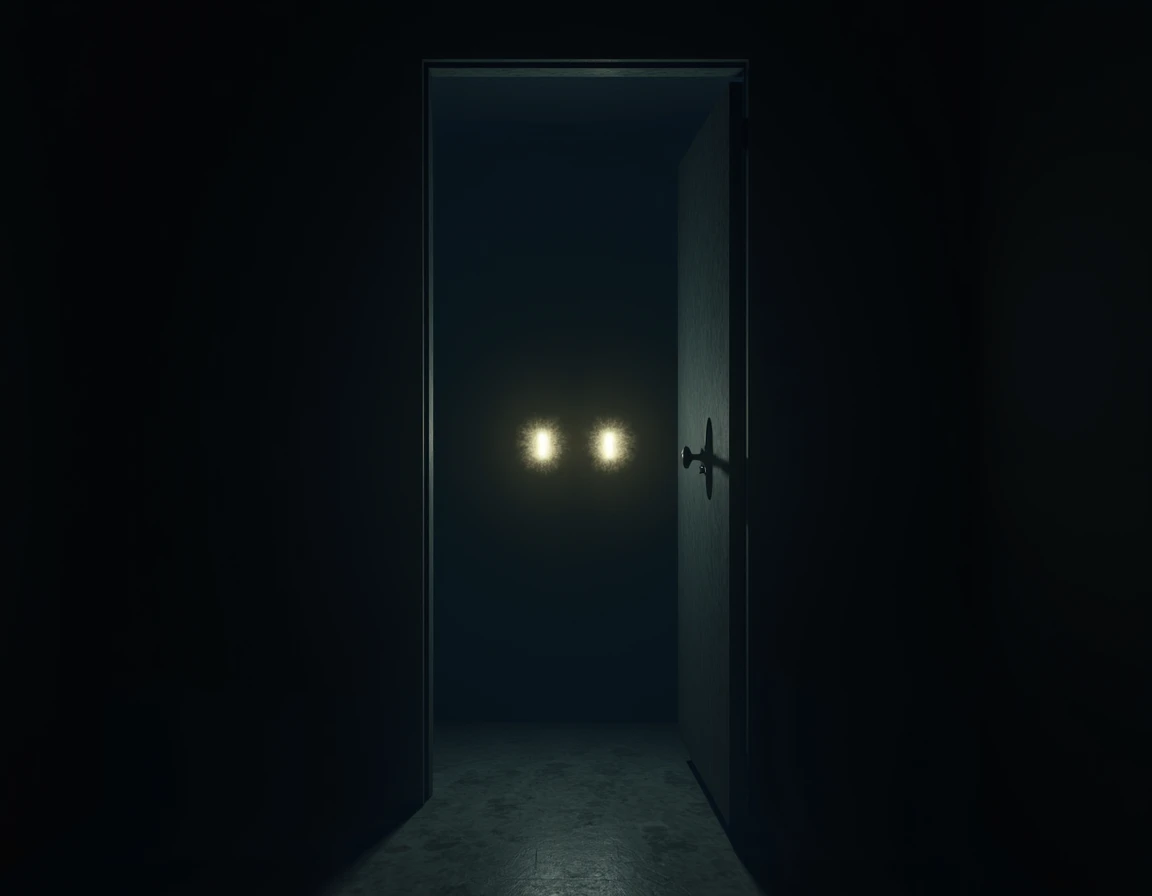  A view from inside the room ,  focusing on the half-open door . on the other side, In the midst of darkness,  two bright eyes appear , emitting an ominous light .  The scene is shrouded in mystery and creates a disturbing contrast with the apparently ordi...