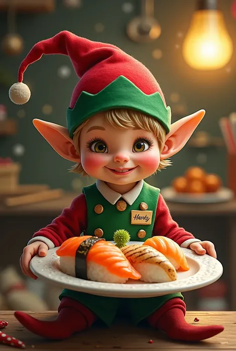 a very very small elf holding a plate of sushi with a name tag that says “Harvey rich” in Santa’s workshop