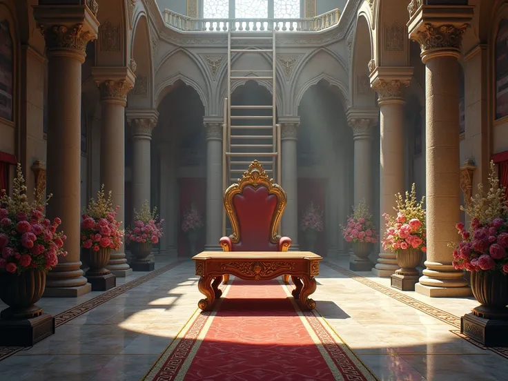  Create for me an image of inside a castle, a room with table , throne,  flowers and columns and ladder 