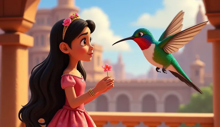  image for a cartoon story YouTube video in the style of Disney, in Pixar format :  A hummingbird with a message :  A hummingbird with rainbow plumage flies up to the Young Princess with brown eyes and long dark hair, Elena, dressed in a bright floral dres...