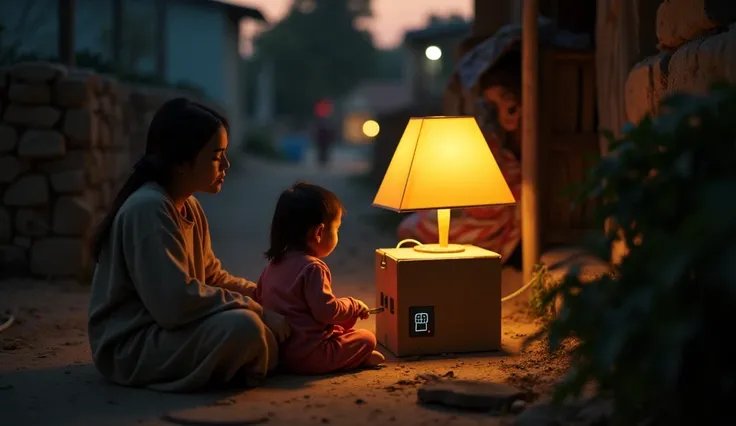 a family using a T .S.p( a portable solar outlet .  it basically has the shape of a cardboard box with a conventional outlet socket  )  they are using this device to turn on a lamp because they are in complete darkness in a totally dark city without energy