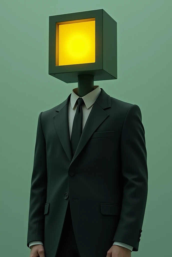 A man in a black suit, That his head is a square light pole in dark green color with yellow light simple style