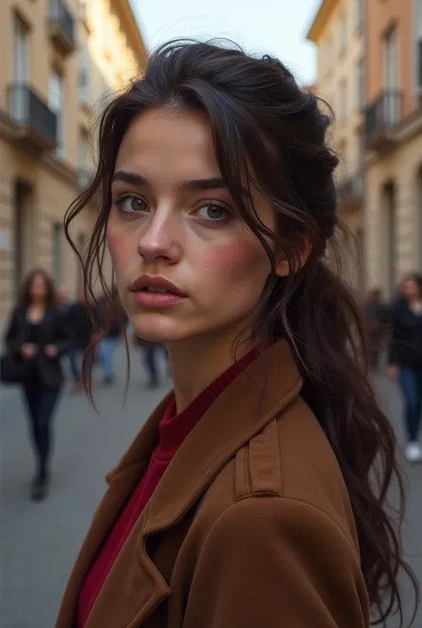 petite belle brune, qui se tient debout dans la rue, qui regarde droit devant elle, 22ans, visage affectueux, un grain de beauté sur la joue gauche, très détaillée, peau détaillée, netteté, yeux détaillés, photoréaliste, réaliste