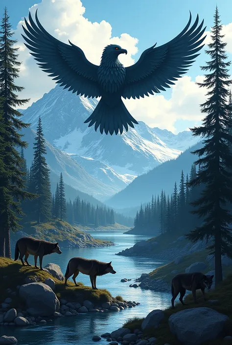 Thunderbird symbol,mountain,river,loup et sapin