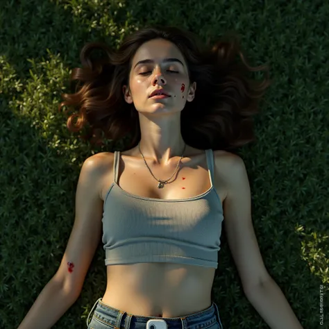 a top down photorealistic depiction of a young woman lying unconscious on a grassy ground, arms stretched out, legs bent, her wavy brown ponytail tousled, dressed in a fitted top, jeans, delicate pendant glinting on her neck, and a baby monitor on her wais...