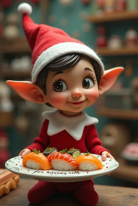 a very very small elf holding a plate of sushi that   Has “for harvey rich” written on it in Santa’s workshop