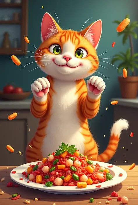 Funny cat eating ceviche spilling everything