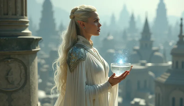 galadriel (CHARLIZE THERON)

"CHARLIZE THERON como galadriel,  standing on a raised balcony overlooking an urban landscape covered by a Slight haze.  She wears light armor in white and silver tones ,  with brilliant details reminiscent of starlight . Her l...