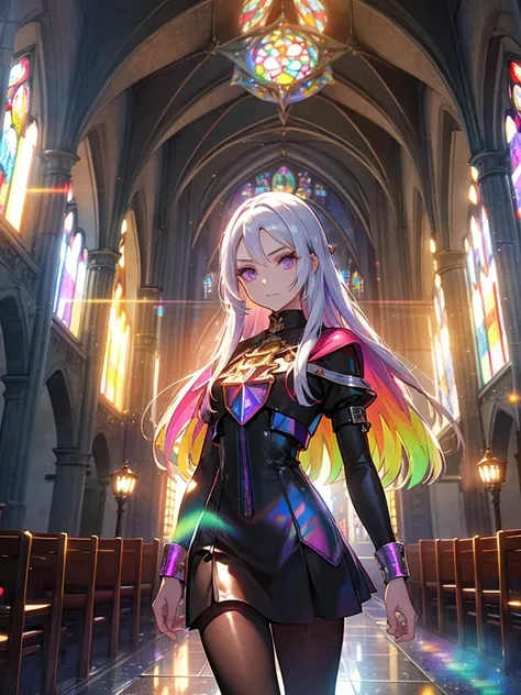 The background is a sunset sunset 、 medieval cityscape with basket、Inside the kaleidoscope、 stained glass background、Legendary Scenery 、 Mythical Scenery Unfolds、The cathedral shines brightly、red and green contrast 、Path of Light、 Edelgard in black armor, ...