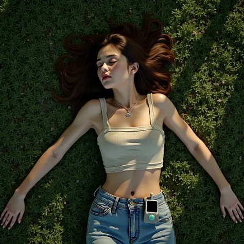 a top down photorealistic depiction of a young woman lying unconscious on a grassy ground, arms stretched out, legs bent, her wavy brown ponytail tousled, dressed in a fitted top, jeans, delicate pendant glinting on her neck, and a baby monitor on her wais...