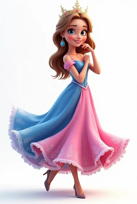 A princess girl, twelve years old, blue eyes, smile, long dress pink and blue, left hand on chin, dancing, whole body, ((((white background)))), no three arms.