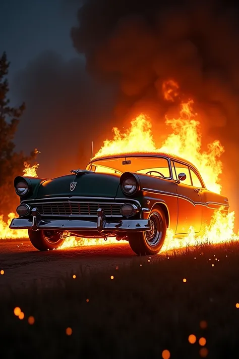 Ford customline 1955 en llamas durante la noche