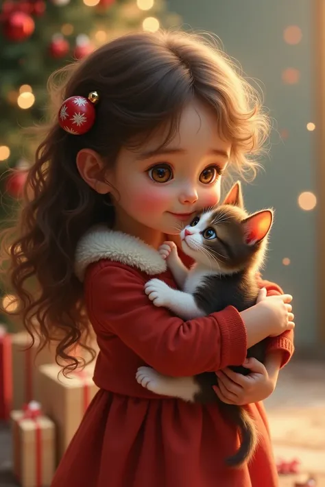 Image theme noel petite fille 3 ans brune cheveux ondules ,brown eyes with a tricolor kitten