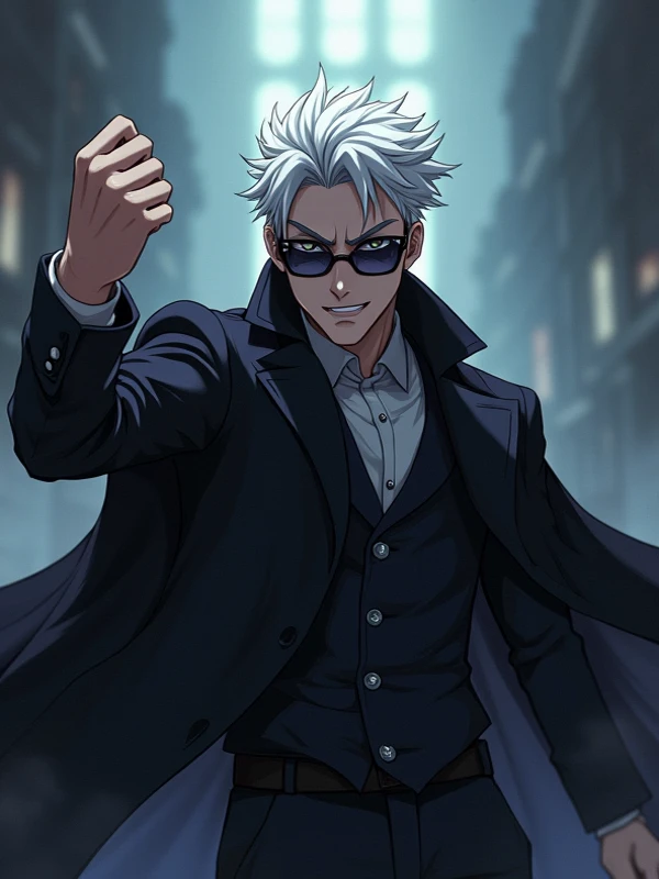 "in anime style A young man with white hair and intense gray eyes, wearing dark glasses. He stands confidently, pointing forward with one hand, his expression showing undeniable victory. His posture is defiant and self-assured, as if celebrating the fulfil...