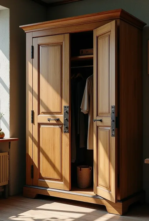  Old wooden wardrobe with two large doors ,  the left door is opened and the right is closed. Normal view 