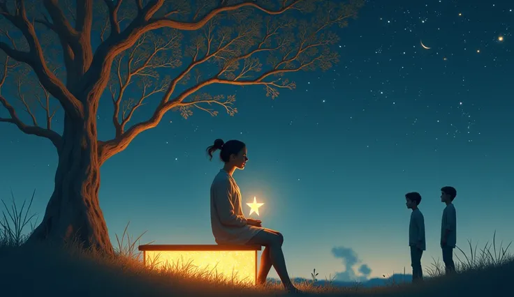 A Virgo figure sitting on a glowing bench under a radiant constellation tree, holding a small, faintly glowing star close to their chest. Their posture is guarded, their expression thoughtful but distant, as faint celestial figures representing loved ones ...