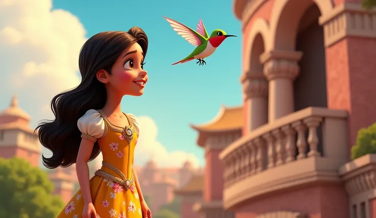  image for a cartoon story YouTube video in the style of Disney, in Pixar format :  A hummingbird with a message :  A hummingbird with rainbow plumage flies up to the Young Princess with brown eyes and long dark hair, Elena, dressed in a bright floral dres...