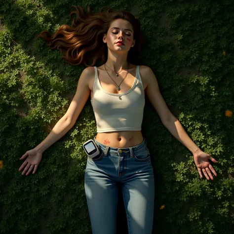 a top down photorealistic depiction of a young woman lying unconscious on a grassy ground, arms stretched out, legs bent, her wavy brown ponytail tousled, dressed in a fitted top, jeans, delicate pendant glinting on her neck, and a baby monitor on her wais...