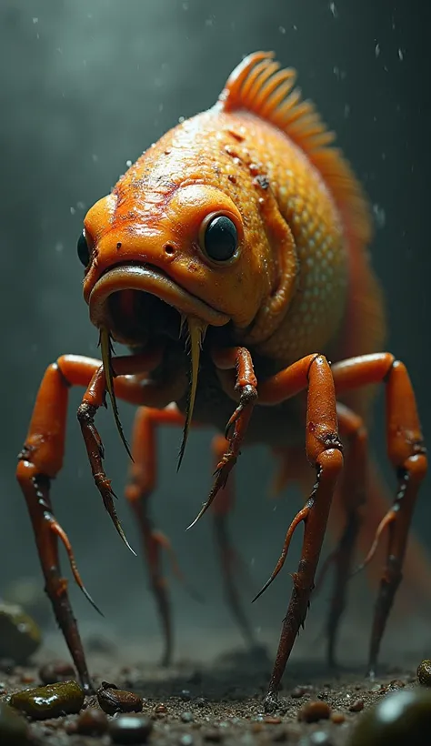 Realistic image of goldfish and ant hybrid powerful and scary