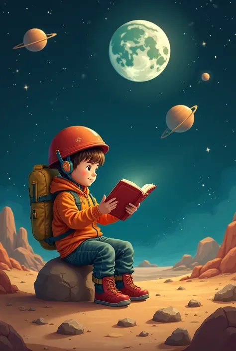  And boy in space reading books and playing seesaw