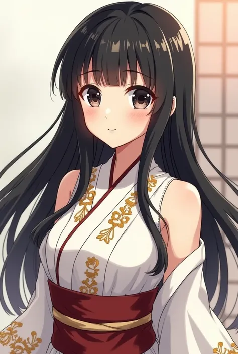 Full body image of anime teenage girl has black hair with bangs. Likewise, she has black eyes that match her hair color, bigger bust size looks more mature. friendly and cheerful. Wears sleeveless royal silky white warrior hanfu with golden embroidery 