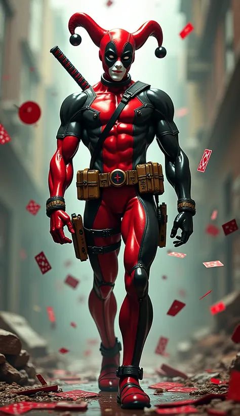  Create an image and a fusion of the alerquin with Deadpool, a diabolical colorful character 

