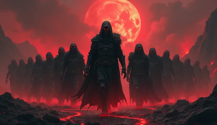  Abadon leads a legion of dark beings ,  ghostly figures that emerge from the depths of the abyss . Their armor is corroded ,  and their faces are hidden by dark hoodies ,  giving a sense of desolation and terror . In the background, A hellish landscape,  ...