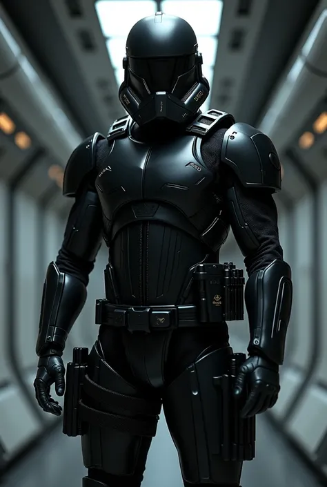 Portrait of a man wearing a Black, Tactical Stealth Suit, Black Armor, Black Boots, Black Gloves, Black Stormtrooper Helmet. Black belt with ammo pouches, black bandolier with ammo. Standing in a Spaceship hallway, hyper realistic.