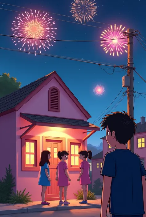 A time of new year night. There are fireworks in the sky. A  girl is standing beside a pink 1 storeyed building. There is a wired tower. the girl is wearing a pink dress. The girl is talking with her friends and she is very busy. A 18 years old boy is look...