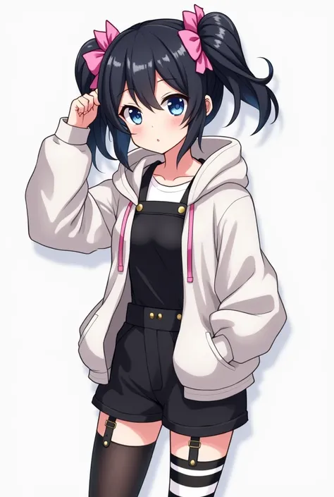 tall Femboy.  Blue eyes. Black fluffy hair with two pink bows. In a white hoodie and black jumpsuit-shorts. There is a black and white striped stocking on the left leg. There is a black stocking on the right leg. stocking with suspenders. Not in the hood. ...