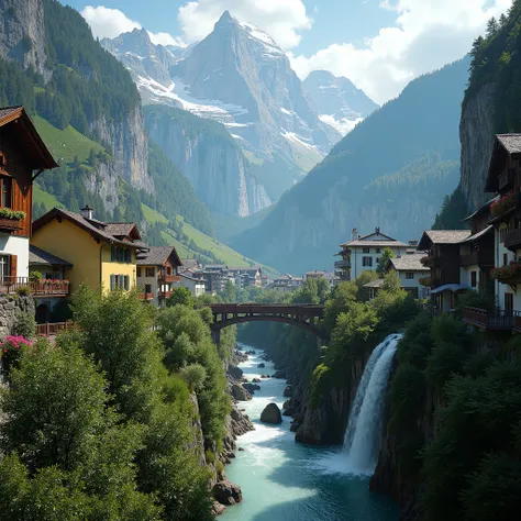 (photorealism:1.2),Present an image of the Swiss city of Lauterbrunnen, displaying a magnificent entire landscape of its surrounding mountains and waterfall, as well as the city itself and its bucolic lifestyle., intricate details, warm colors, RAW, ultra-...