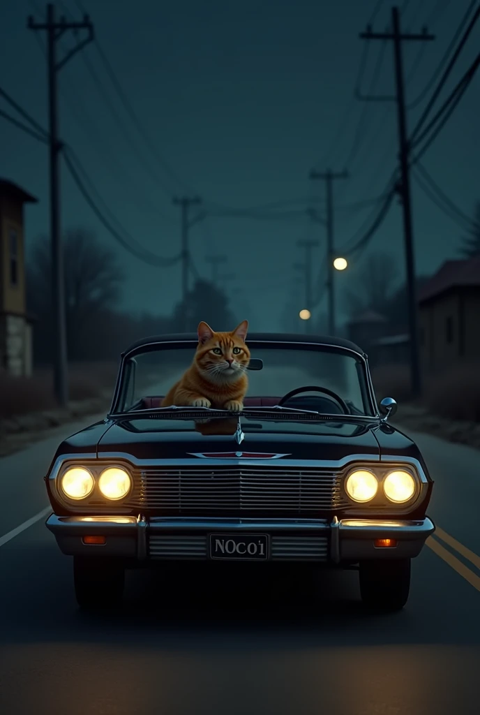 Cat driving a 1964 Chevrolet Impala at night