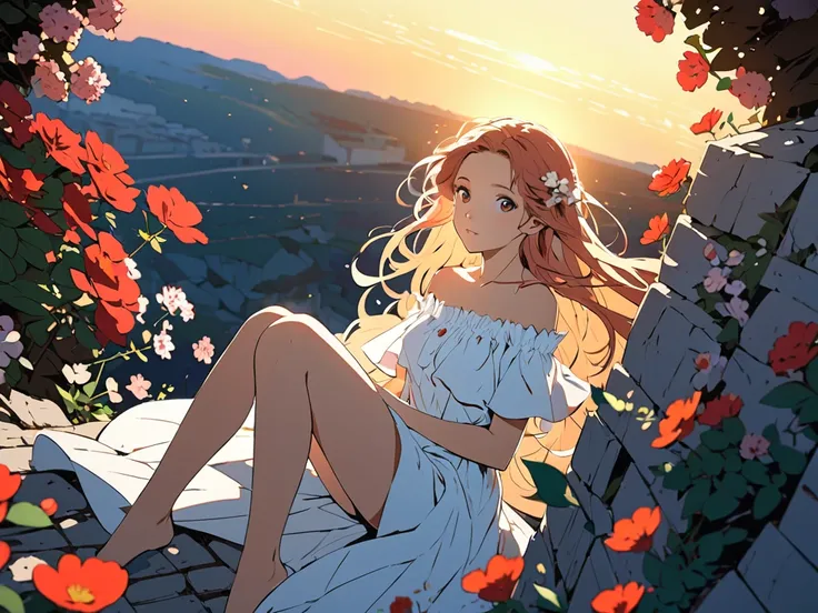 girl, light red wavy hair, brown eye, natural make-up, attractive pensive expression, white wild dress, bare legs, off shoulder, sitting cliff wall, flowers all over scenery background, barefoot, a few petals dance in the wind, side view, looking at viewer...