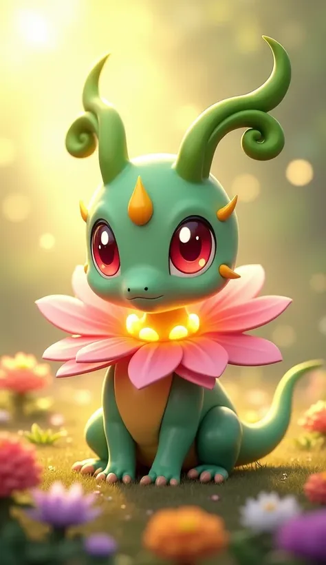 "Create a hyperrealistic chibi version of Meganium, a larger, dinosaur-like creature with an elegant presence, softened by its chibi proportions. Its light green skin appears smooth and detailed, with a large, pink flower around its neck, featuring soft, g...