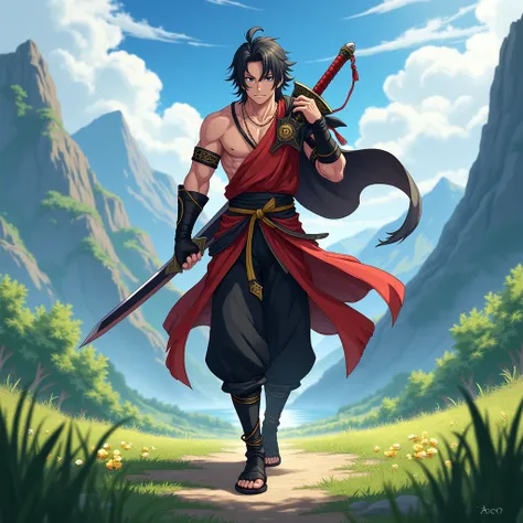 Make an anime man , Impact Genshin adventurer ,  with elemental vision of fire , wearing red and black clothing , cover on the back, arm bands , Muscular,  black hair, bright black eyes,  carrying a large swordsman on the back ,  background walking on gras...