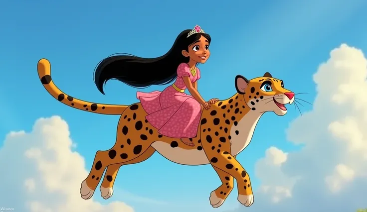  image for a cartoon story YouTube video in the style of Disney, in Pixar format : Elena and Skylar take off A young princess with brown eyes and long dark hair,  dressed in a bright floral dress . She is brave ,  determined and kind Elena , sitting on the...