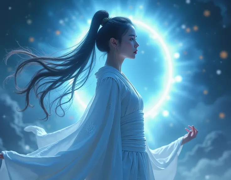 Young Asian Female figure shown from the waist up with light blue eyes, wearing flowing robes with subtle, glowing symbols or patterns, set against a cosmic, ethereal background featuring a glowing energy vortex or portal in space. The color scheme should ...