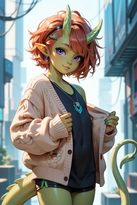 femboy, alien, cute, horn, tail, sci fi clothes, loose cardigan