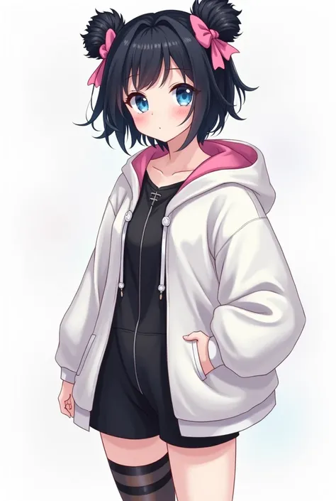 tall Femboy.  Blue eyes. Black fluffy hair with two pink bows. In a white hoodie and black jumpsuit-shorts. There is a black and white striped stocking on the left leg. There is a black stocking on the right leg. stocking with suspenders. Not in the hood. ...