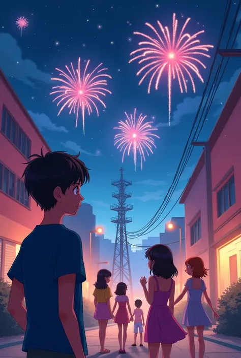 A time of new year night. There are fireworks in the sky. A  girl is standing beside a pink 3 storeyed building. There is a huge wired tower. the girl is wearing a pink dress. The girl is talking with her girl friends and she is very busy. A 18 years old b...