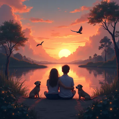 A TEENAGE GIRL AND HER MOM AND DAD IN A LAGOON IN THE MIDDLE OF THE SUNSET, WITH TWO PUPPIES ,  AND TWO WATCHING FROM THE SKY ,  THAT IN ONE PART THERE IS DARKNESS AND FIREFLIES NEAR AND FAR, 