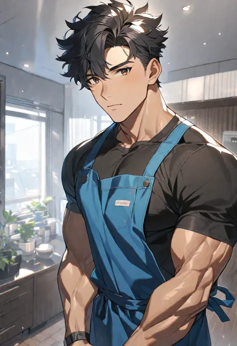 Handsome, solo, 1 boy, 20 years old, perfect face, cute, short hair, black hair, brown eyes, dark black shirt, white T-shirt and Blue apron, muscular, muscular boy, Chest muscles, living room